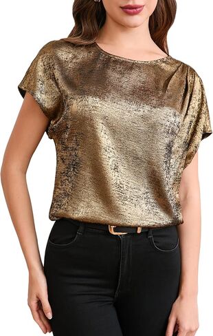 MakeMeChic Women's Elegant Metallic Tops Short Sleeve Round Neck Blouses in Kuwait