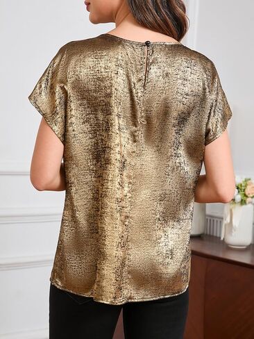 MakeMeChic Women's Elegant Metallic Tops Short Sleeve Round Neck Blouses in Kuwait