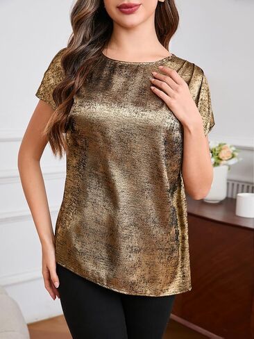 MakeMeChic Women's Elegant Metallic Tops Short Sleeve Round Neck Blouses in Kuwait