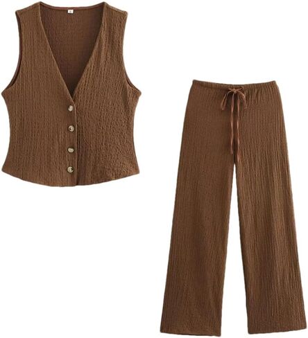 Women Textured 2 Pieces Sets Solid Vest and Trousers Office Lady Wide Leg Pants Set in Kuwait
