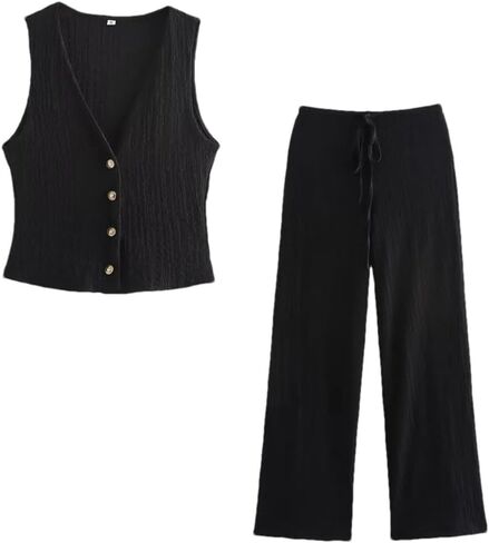 Women Textured 2 Pieces Sets Solid Vest and Trousers Office Lady Wide Leg Pants Set in Kuwait