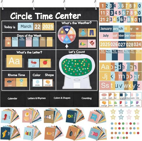 Pasimy 222 Pcs Circle Time Center Pocket Chart Calendar Set Boho Classroom Calendar Pocket Chart Weather Learning Calendar Bulletin Board Set for Home Classroom Decoration Back to School Supplies in Saudi Arabia
