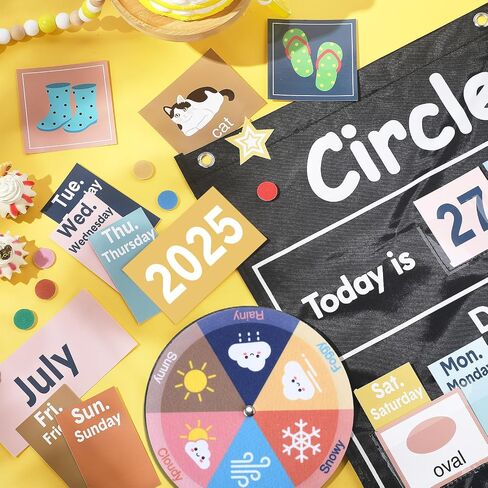 Pasimy 222 Pcs Circle Time Center Pocket Chart Calendar Set Boho Classroom Calendar Pocket Chart Weather Learning Calendar Bulletin Board Set for Home Classroom Decoration Back to School Supplies in Saudi Arabia