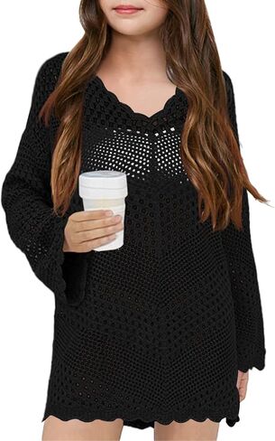 Girl Cover Up Crochet Swimwear V Neck Knit Long Sleeves Summer Beachwear Cover Tops in Saudi Arabia