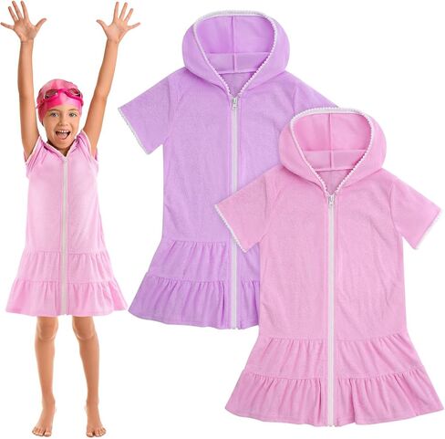 2 Pcs Toddler Girls Swim Cover up Kids Swimsuit Coverup Zip-up Beach Bathing Suit Wrap, Pink Purple, for 6-7 Years in Saudi Arabia