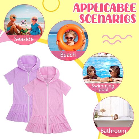 2 Pcs Toddler Girls Swim Cover up Kids Swimsuit Coverup Zip-up Beach Bathing Suit Wrap, Pink Purple, for 6-7 Years in Saudi Arabia