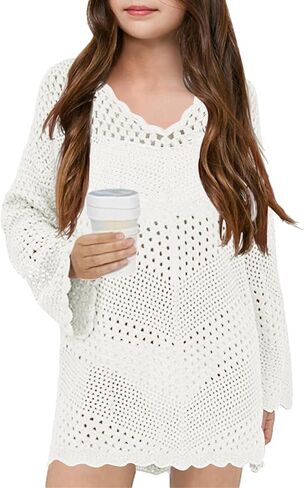 Girl Cover Up Crochet Swimwear V Neck Knit Long Sleeves Summer Beachwear Cover Tops in Saudi Arabia