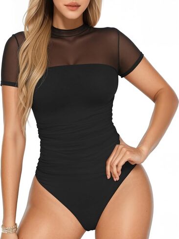 MANGOPOP Womens Short Sleeve Bodysuits Mock Turtle Neck Bodysuit Tops Ruched Sheer Mesh Sexy Going Out Body Suit Shirts in Saudi Arabia