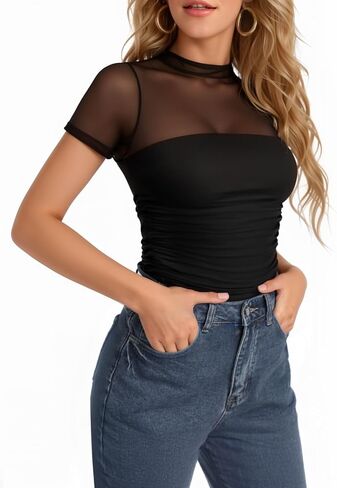 MANGOPOP Womens Short Sleeve Bodysuits Mock Turtle Neck Bodysuit Tops Ruched Sheer Mesh Sexy Going Out Body Suit Shirts in Saudi Arabia