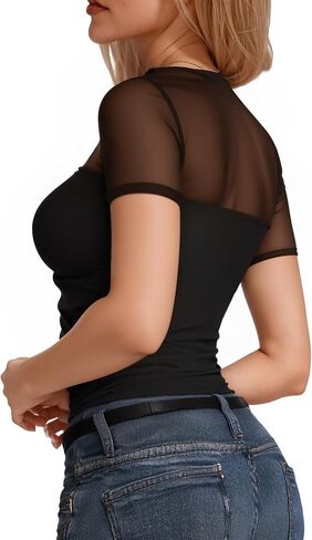 MANGOPOP Womens Short Sleeve Bodysuits Mock Turtle Neck Bodysuit Tops Ruched Sheer Mesh Sexy Going Out Body Suit Shirts in Saudi Arabia