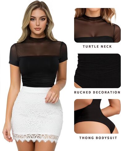 MANGOPOP Womens Short Sleeve Bodysuits Mock Turtle Neck Bodysuit Tops Ruched Sheer Mesh Sexy Going Out Body Suit Shirts in Saudi Arabia