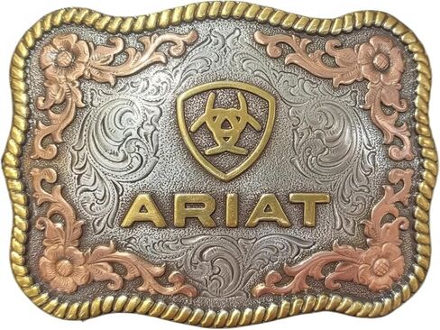 ARIAT Rectangular Buckle with Engraved Scrolling, Antique Gold Logo, Rope Edge, Silver and Copper Floral Accents, 2-3/4" x 3-3/4" in Saudi Arabia