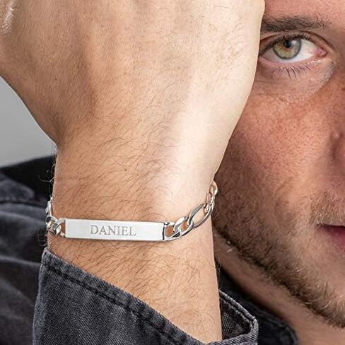 MyNameNecklace Personalized 925 Sterling Silver Amigo ID Bracelet with Custom Inscriptions - Father's Day Jewelry Gift for Men, Him - Pre-Made Names & Custom Your Own - Diamond Option by MYKA in Kuwait