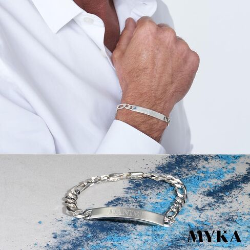 MyNameNecklace Personalized 925 Sterling Silver Amigo ID Bracelet with Custom Inscriptions - Father's Day Jewelry Gift for Men, Him - Pre-Made Names & Custom Your Own - Diamond Option by MYKA in Kuwait