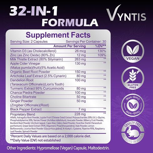32-in-1 Liver Cleanse Detox & Repair - Liver Support Supplement with Milk Thistle, Artichoke Extract, Dandelion Root & Beetroot Powder for Liver Health - 1250mg per Serving (60 Capsules) in Saudi Arabia