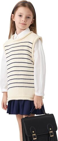 marc & janie Girls Preppy Style Striped Cotton Knit Vest Crew Neck Sleeveless Sweater Tops 541881 in Saudi Arabia