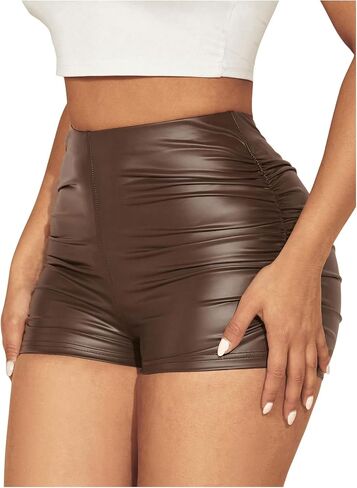 WDIRARA Women's Sexy Faux Leather Skinny High Waisted Shorts Ruched Stretch Short Pants in Saudi Arabia