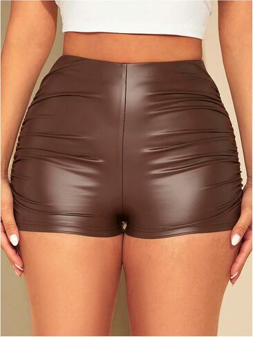 WDIRARA Women's Sexy Faux Leather Skinny High Waisted Shorts Ruched Stretch Short Pants in Saudi Arabia