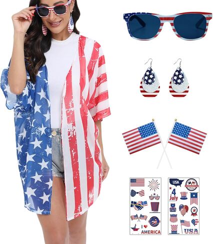 4th of July Outfits for Women Patriotic Kimono Cardigan with 4th of July Accessories | Womens 4th of July Outfit in Saudi Arabia