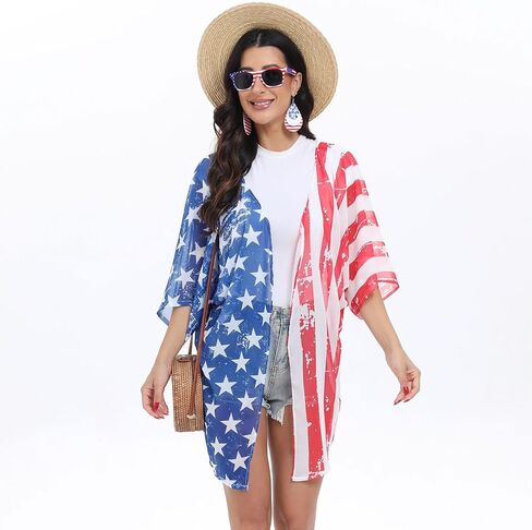 4th of July Outfits for Women Patriotic Kimono Cardigan with 4th of July Accessories | Womens 4th of July Outfit in Saudi Arabia