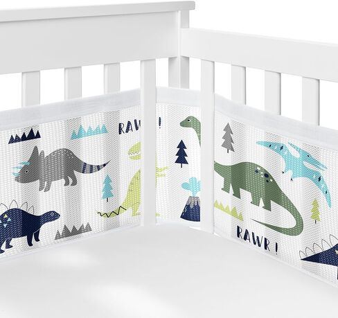 Sweet Jojo Designs + BreathableBaby Watercolor Dinosaur Dino Boy Breathable Mesh Crib Liner Baby and Infant Green Blue White Modern Dinosaurs Jurassic Nature Animal Mustard Yellow Orange in Saudi Arabia