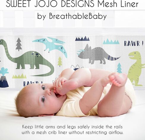 Sweet Jojo Designs + BreathableBaby Watercolor Dinosaur Dino Boy Breathable Mesh Crib Liner Baby and Infant Green Blue White Modern Dinosaurs Jurassic Nature Animal Mustard Yellow Orange in Saudi Arabia