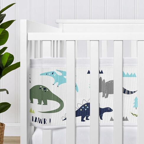 Sweet Jojo Designs + BreathableBaby Watercolor Dinosaur Dino Boy Breathable Mesh Crib Liner Baby and Infant Green Blue White Modern Dinosaurs Jurassic Nature Animal Mustard Yellow Orange in Saudi Arabia