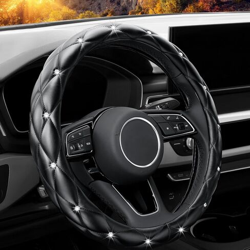 YOGURTCK Diamond Soft Leather Anti-Slip Steering Wheel Cover with Bling Bling Crystal Rhinestones, Universal 15 Inch for Women Girls, Fit Vehicles, Sedans, SUVs, Vans, Trucks - Black in Kuwait