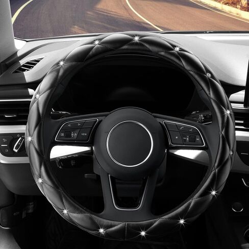 YOGURTCK Diamond Soft Leather Anti-Slip Steering Wheel Cover with Bling Bling Crystal Rhinestones, Universal 15 Inch for Women Girls, Fit Vehicles, Sedans, SUVs, Vans, Trucks - Black in Kuwait