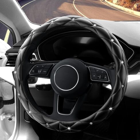 YOGURTCK Diamond Soft Leather Anti-Slip Steering Wheel Cover with Bling Bling Crystal Rhinestones, Universal 15 Inch for Women Girls, Fit Vehicles, Sedans, SUVs, Vans, Trucks - Black in Kuwait