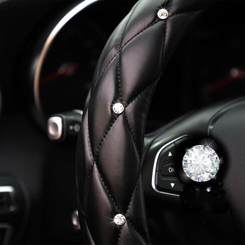 YOGURTCK Diamond Soft Leather Anti-Slip Steering Wheel Cover with Bling Bling Crystal Rhinestones, Universal 15 Inch for Women Girls, Fit Vehicles, Sedans, SUVs, Vans, Trucks - Black in Kuwait
