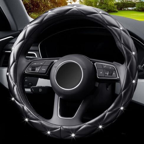 YOGURTCK Diamond Soft Leather Anti-Slip Steering Wheel Cover with Bling Bling Crystal Rhinestones, Universal 15 Inch for Women Girls, Fit Vehicles, Sedans, SUVs, Vans, Trucks - Black in Kuwait