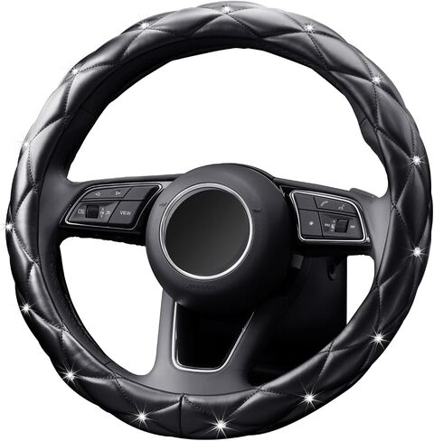 YOGURTCK Diamond Soft Leather Anti-Slip Steering Wheel Cover with Bling Bling Crystal Rhinestones, Universal 15 Inch for Women Girls, Fit Vehicles, Sedans, SUVs, Vans, Trucks - Black in Kuwait