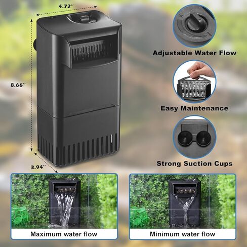 Turtle Tank Filter Aquarium Filter Power Adjustable 10-30 Gal. 222GPH Small Internal Filter 3-Stage Waterfall Bio-Filtration Low Water Level for Freshwater Saltwater Fish Tank Reptile Shrimp Frog in Kuwait