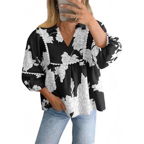 Tankaneo Womens Floral Peplum Babydoll Tops 3/4 Puff Sleeve Pleated Blouse Cute Casual V Neck Loose Fit Flowy Boho Shirts in Saudi Arabia