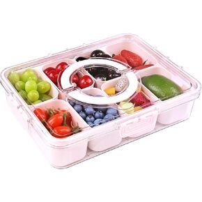 صينية تقديم مقسمة من يورووتشي مع مقبض - غطاء وصندوق للوجبات الخفيفة قابل للإزالة، 8 أقسام، حاوية فواكه لتخزين الطعام، منظم للوجبات الخفيفة، طبق الثلاجة، حامل فحم للسفر، سلطة حفلات الحلوى in Kuwait