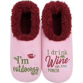 Snoozies Pairable Slipper Socks - Funny House Slippers for Women, Non-Slip Fuzzy Slipper Socks - Wine Time -X- Large in Kuwait