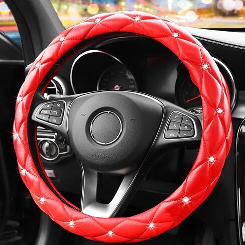 YOGURTCK Diamond Soft Leather Anti-Slip Steering Wheel Cover with Bling Bling Crystal Rhinestones, Universal 15 Inch for Women Girls, Fit Vehicles, Sedans, SUVs, Vans, Trucks - Black in Kuwait