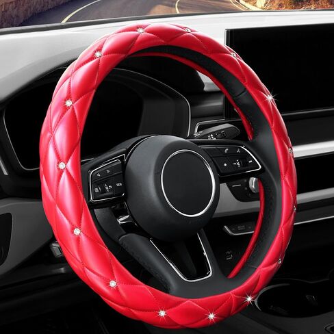 YOGURTCK Diamond Soft Leather Anti-Slip Steering Wheel Cover with Bling Bling Crystal Rhinestones, Universal 15 Inch for Women Girls, Fit Vehicles, Sedans, SUVs, Vans, Trucks - Black in Kuwait