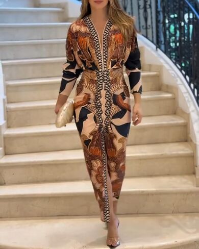 CHICME Women's Bodycon Long Sleeve Dress Casual Plunge V Neck Ruched Midi Dress Fall Bodycon Slit Office Work Dresses in Kuwait