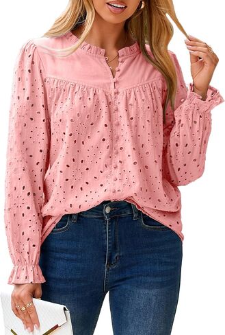 Womens Casual Tops Blouse 2025 Eyelet Embroidered Puff Long Sleeve Fall Top Dressy Lace Button Shirts in Saudi Arabia