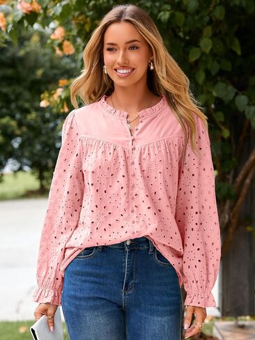 Womens Casual Tops Blouse 2025 Eyelet Embroidered Puff Long Sleeve Fall Top Dressy Lace Button Shirts in Saudi Arabia