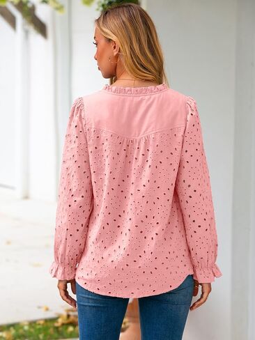 Womens Casual Tops Blouse 2025 Eyelet Embroidered Puff Long Sleeve Fall Top Dressy Lace Button Shirts in Saudi Arabia
