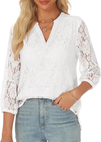 AIMCOO Lace Tops for Women 3/4 Sleeve Dressy Casual Blouses 2025 Boho Floral Top Office Work Shirts in Kuwait