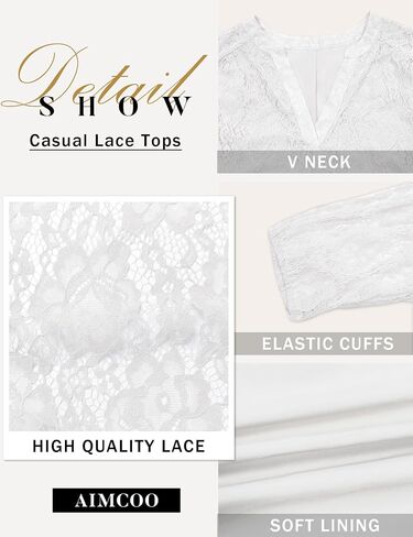 AIMCOO Lace Tops for Women 3/4 Sleeve Dressy Casual Blouses 2025 Boho Floral Top Office Work Shirts in Kuwait