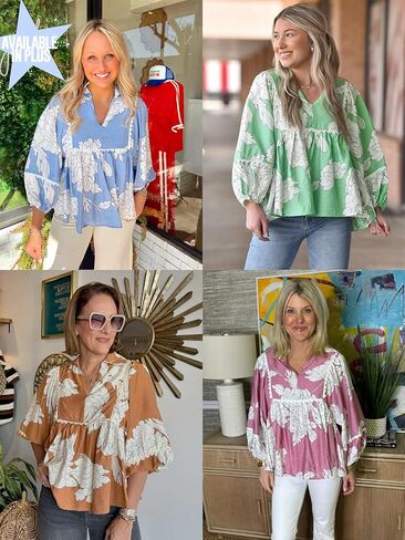 Tankaneo Womens Floral Peplum Babydoll Tops 3/4 Puff Sleeve Pleated Blouse Cute Casual V Neck Loose Fit Flowy Boho Shirts in Saudi Arabia
