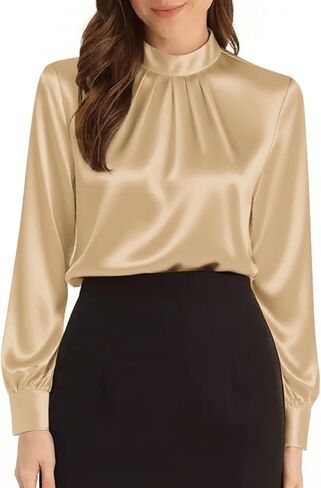 Neweeek Womens Long Sleeve Dock Neck Blouses ساتان الحرير قمصان مطوية أنيقة لأعمال مكتب الأعمال التجارية in Kuwait