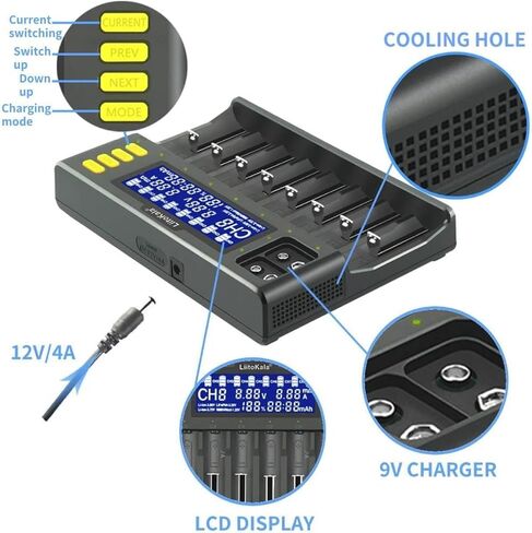 LiitoKala LII-S8 شاحن بطارية 8 خليج شاشة LCD لبطاريات ليثيوم أيون (IMR/ICR) LiFePO4 Ni-MH/Cd AA AAA C 18650 21700 26650 18350 14500 RCR123 بطاريات وبطاريات 9 فولت in Kuwait