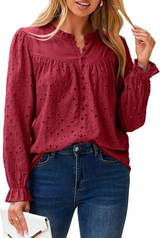 Womens Casual Tops Blouse 2025 Eyelet Embroidered Puff Long Sleeve Fall Top Dressy Lace Button Shirts in Saudi Arabia