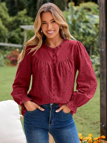 Womens Casual Tops Blouse 2025 Eyelet Embroidered Puff Long Sleeve Fall Top Dressy Lace Button Shirts in Saudi Arabia